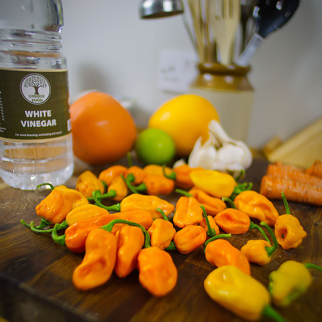World of Chillies Lemon Habanero chillies with garlic, lime and vinegar for sauce making
