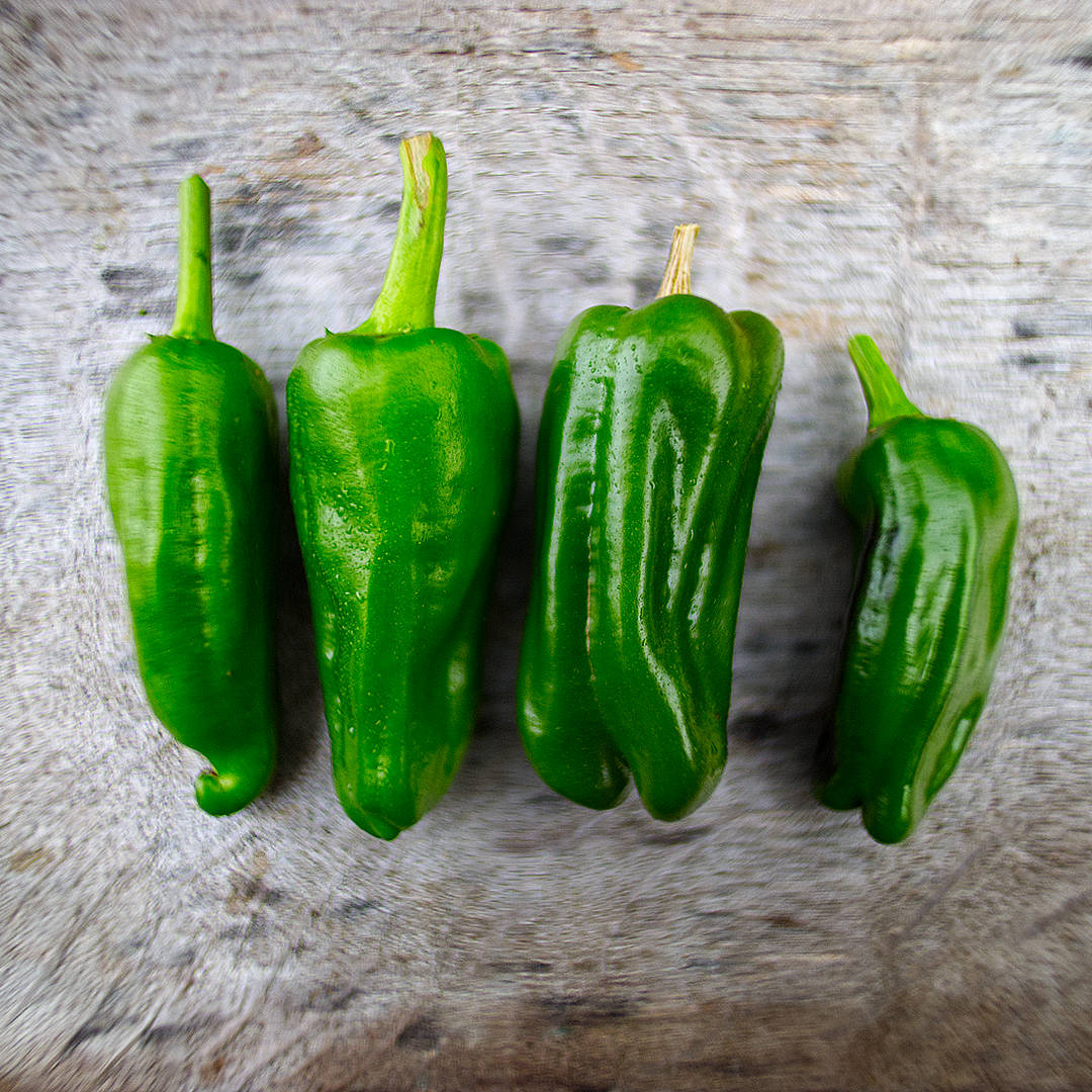 World of Chillies Pimiento de Padron chillies displayed on wooden surface